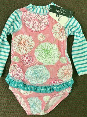 iEFiEL Baby Girl 6-9M 2pc Rash Guard Swim Set Floral Pink Aqua Ruffle NWT